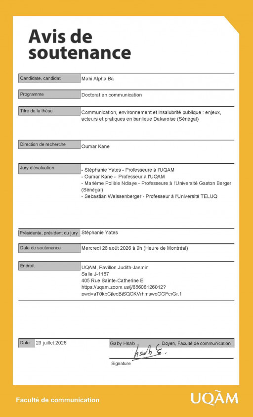 Soutenance de thèse de Mahi Alpha Ba, doctorat en communication: «Communication, environnement et insalubrité publique: enjeux, acteurs et pratiques en banlieue Dakaroise (Sénégal)» 