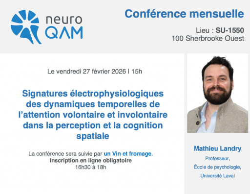 Conférence mensuelle NeuroQAM: «Signatures électrophysiologiques des dynamiques temporelles de l’attention volontaire et involontaire dans la perception et la cognition spatiale»